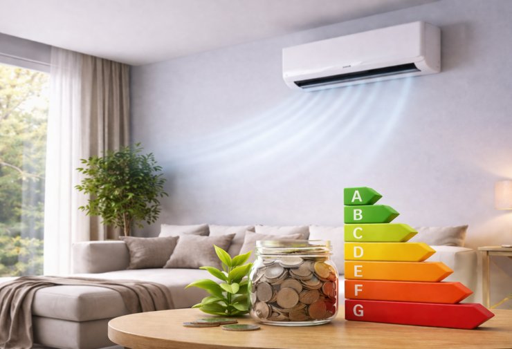  climatisation réversible murale diffusant de l’air dans un salon lumineux, avec bocal de pièces et échelle énergétique illustrant les économies d’énergie