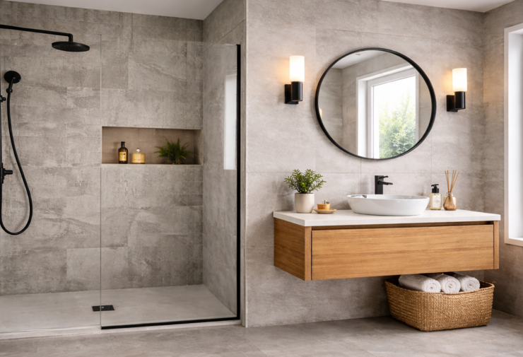 Carrelage mural beige effet zellige dans un salon contemporain lumineux avec canapé clair et décoration naturelle