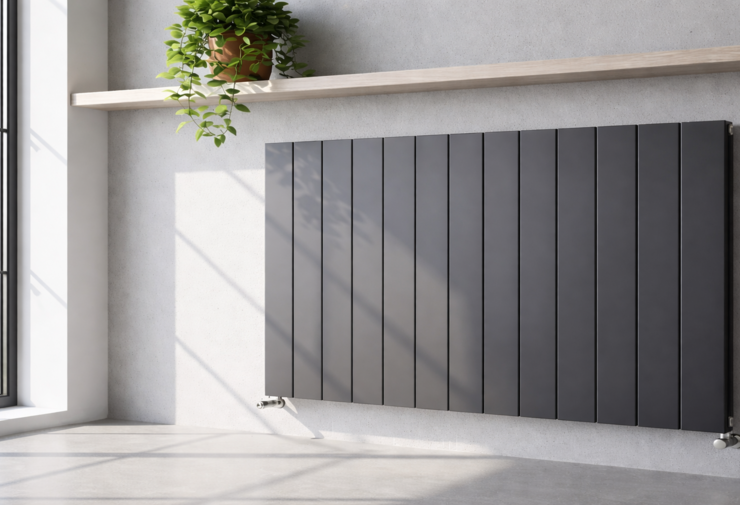 Radiateur design horizontal gris anthracite fixé au mur, modèle moderne à eau pour chauffage central dans un intérieur contemporain.