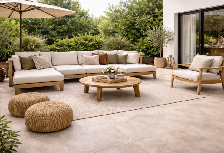 Terrasse contemporaine avec carrelage extérieur beige effet pierre, mobilier de jardin en bois et coussins clairs, ambiance végétalisée lumineuse