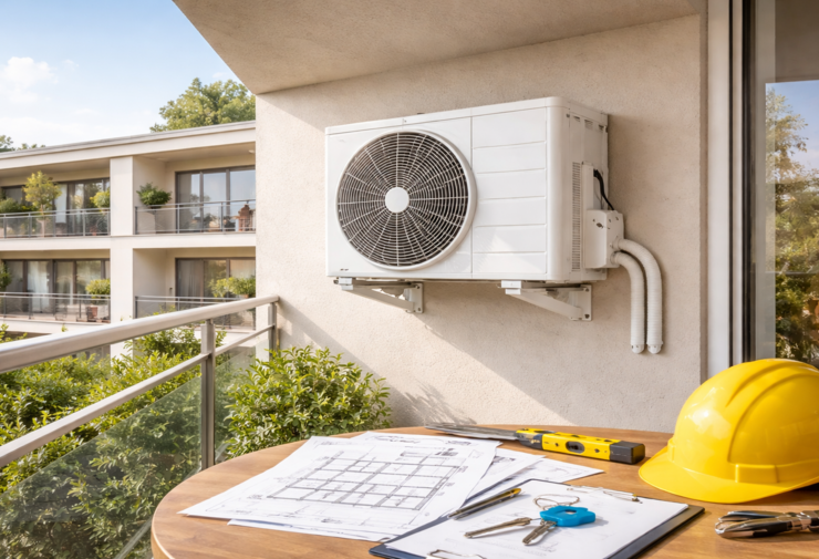 unité extérieure de climatisation installée sur un balcon d’immeuble en copropriété, avec vue sur façade résidentielle et environnement urbain