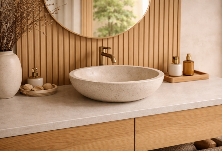 Vasque à poser en pierre naturelle sur plan en bois, style japonais minimaliste avec robinetterie dorée, fond en lames verticales et ambiance zen apaisante.