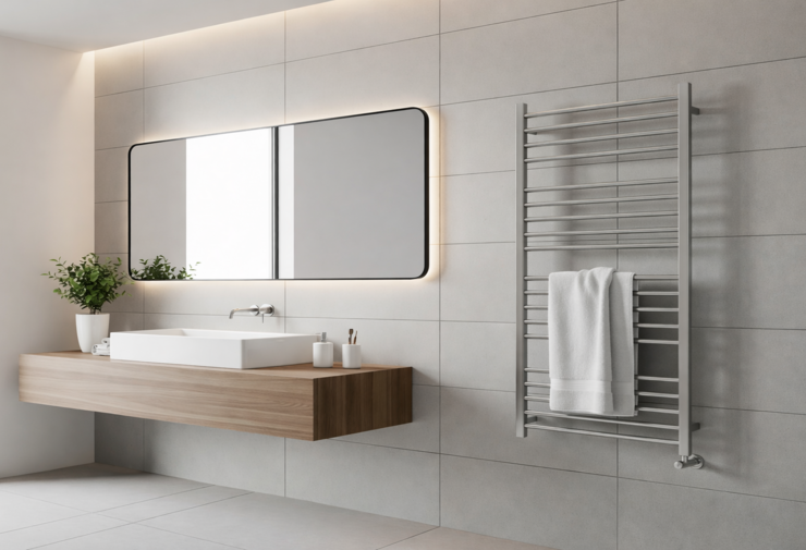 Un sèche-serviettes mural vertical pour chauffer une salle de bain moderne.