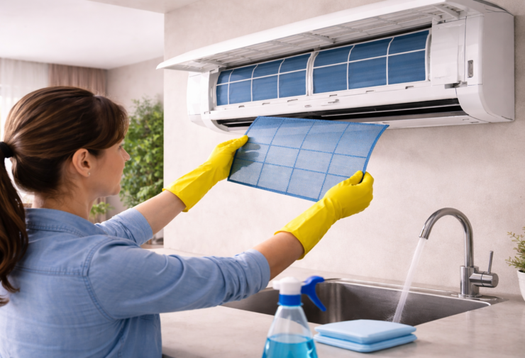 personne nettoyant un filtre de climatisation en retirant la grille d’une unité murale au-dessus d’un évier, avec gants jaunes et matériel de nettoyage visible