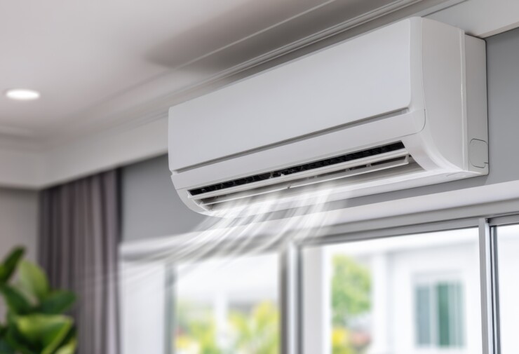 Climatiseur mural LG réversible installé en hauteur dans un salon moderne, diffusant un flux d’air frais uniforme pour un confort thermique optimal en climatisation intérieure.
