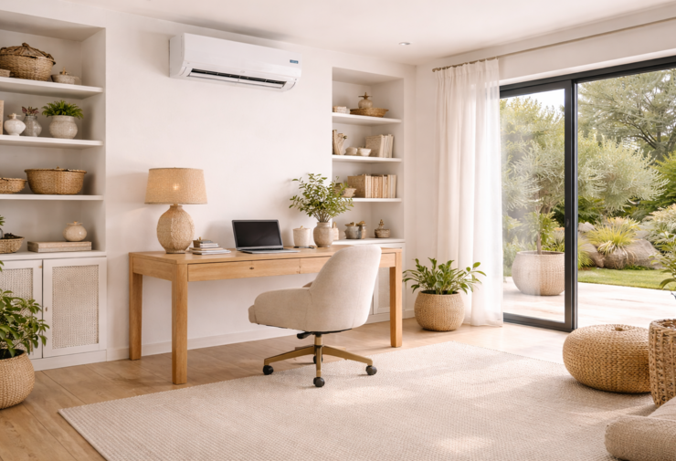 Climatisation murale installée dans un bureau lumineux avec mobilier en bois clair, grande baie vitrée et décoration naturelle pour un confort thermique optimal.