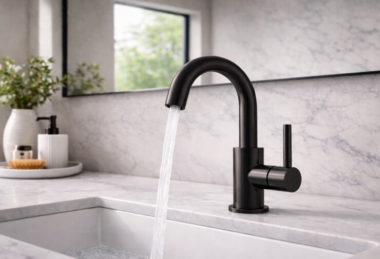 Robinet noir mat design avec bec arrondi installé sur une vasque blanche, plan de toilette en marbre et miroir mural dans une salle de bains moderne élégante