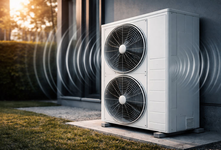 Unité extérieure de climatisation avec double ventilateur en marche, ondes sonores visibles, installée contre un mur moderne, vue paysage.
