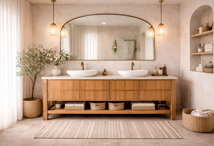 Meuble de salle de bains double vasque en bois massif avec plan vasque blanc, grand miroir arrondi rétroéclairé et décoration naturelle dans une ambiance chaleureuse et élégante.