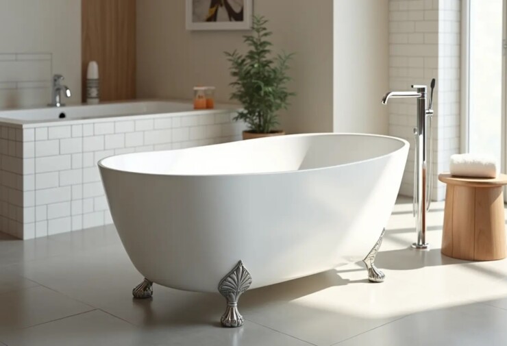 Baignoire îlot blanche au design classique dans une salle de bains lumineuse, avec robinetterie sur pied chromée, carrelage mural blanc et ambiance épurée.