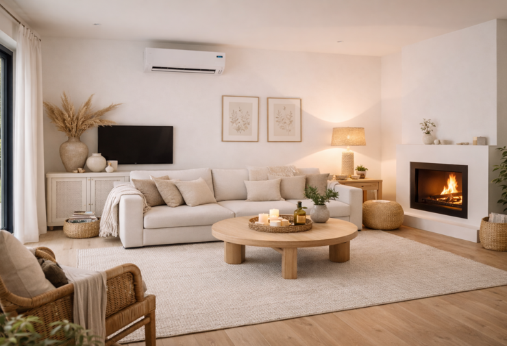 Salon moderne et lumineux avec climatisation murale installée au-dessus du canapé, décoration chaleureuse et mobilier en bois clair.