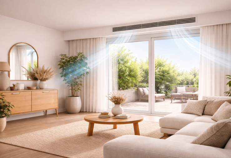 Salon moderne lumineux avec climatisation intégrée discrète au plafond, diffusion d’air frais visible au-dessus des baies vitrées et ambiance épurée aux tons naturels.